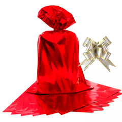 Saco de Presente Metalizado Vermelho + Laço de Presente Fácil Prata